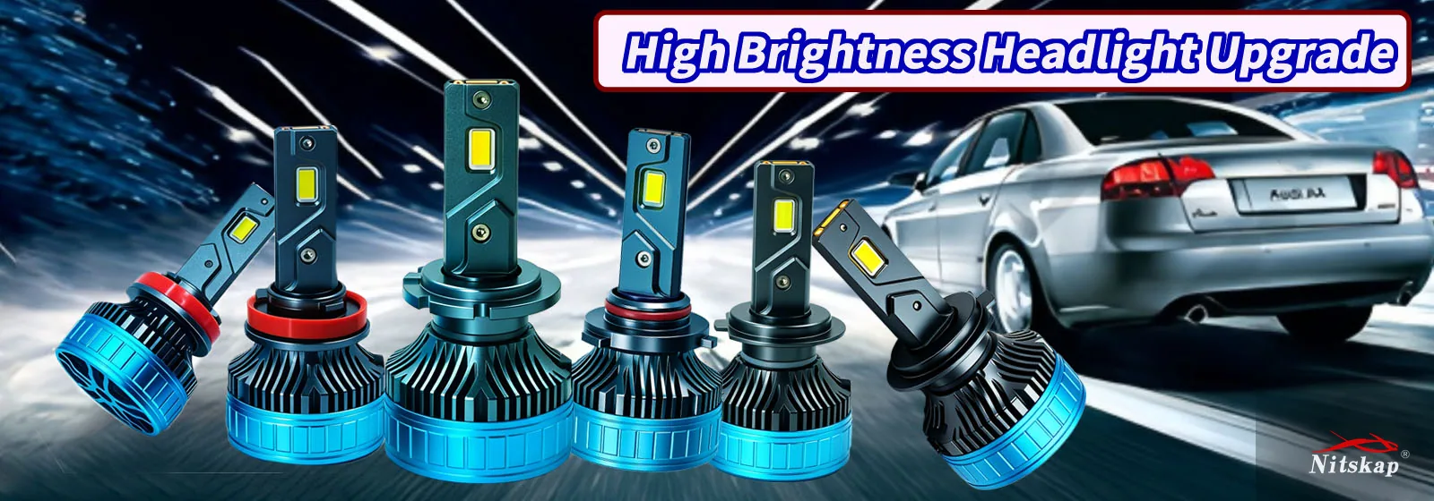Nitskap high brightness headlight upgrade, six blue-cap LED bulbs shown in front of a saloon car