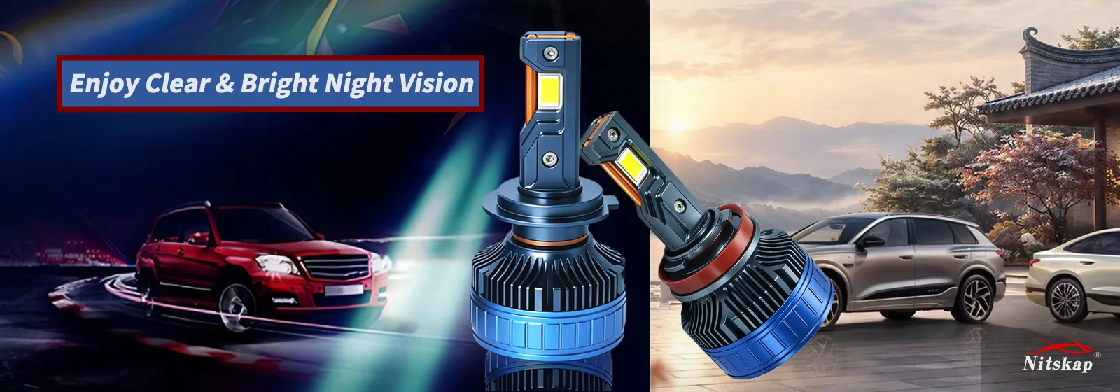 Nitskap blue-cap LED headlight bulbs lit at night beside a sedan - clear, bright night vision for H4 and H7 retrofit