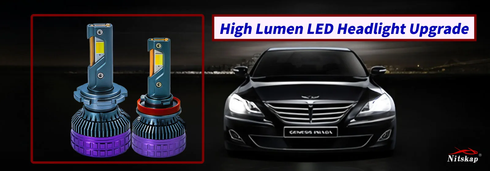 Nitskap high lumen LED headlight upgrade, purple-cap bulbs fitted to a sedan with the beam switched on