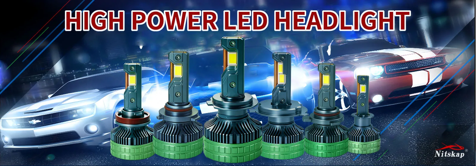 Nitskap high power LED headlight range, six bulbs with green rear caps covering the common H-series and 9005 bases