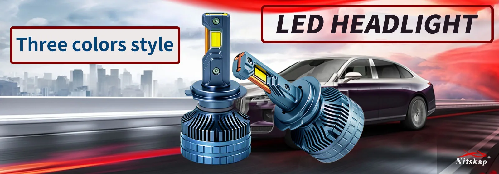 Nitskap tri-colour LED headlight bulb that switches colour temperature, shown with a sedan at night - three colours in one bulb
